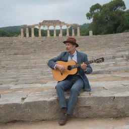 A man wearing vintage attire, sitting in the amphitheatre of ancient Olympia, serenading the ruins with his classic wooden guitar under an overcast sky.