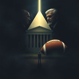 An evocative scene illustrating a triangular composition featuring a grand courthouse, an authoritative father figure representing demands, and a football symbolizing dreams and aspirations
