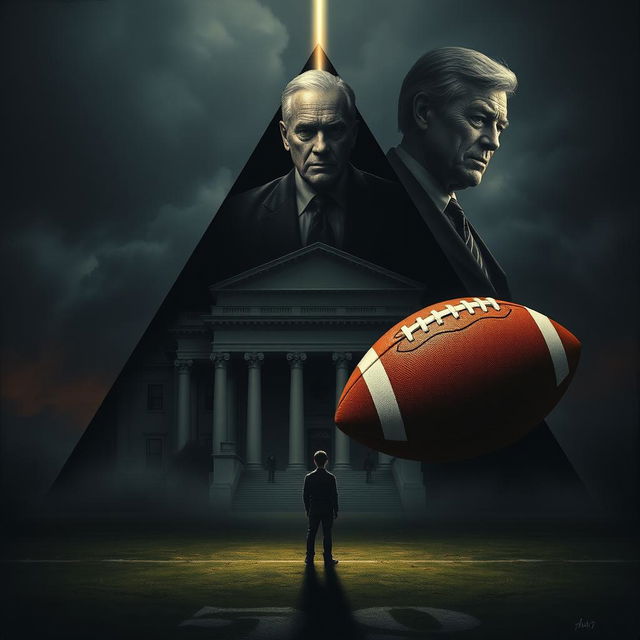 An evocative scene illustrating a triangular composition featuring a grand courthouse, an authoritative father figure representing demands, and a football symbolizing dreams and aspirations