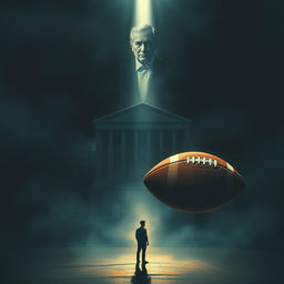 An evocative scene illustrating a triangular composition featuring a grand courthouse, an authoritative father figure representing demands, and a football symbolizing dreams and aspirations