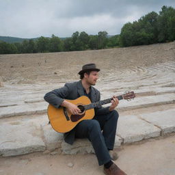 A man wearing vintage attire, sitting in the amphitheatre of ancient Olympia, serenading the ruins with his classic wooden guitar under an overcast sky.