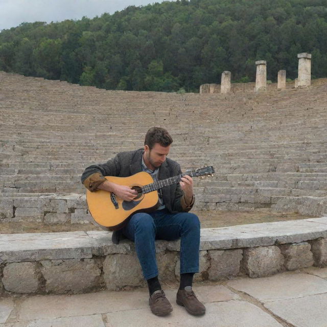 A man wearing vintage attire, sitting in the amphitheatre of ancient Olympia, serenading the ruins with his classic wooden guitar under an overcast sky.