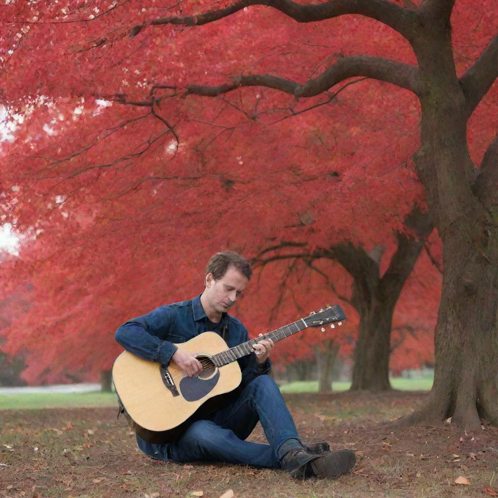 A man with a guitar sitting serenely beneath a vibrant red tree.