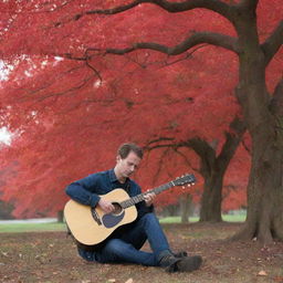 A man with a guitar sitting serenely beneath a vibrant red tree.