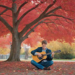 A man with a guitar sitting serenely beneath a vibrant red tree.