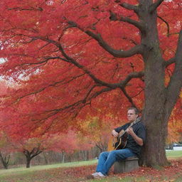 A man with a guitar sitting serenely beneath a vibrant red tree.