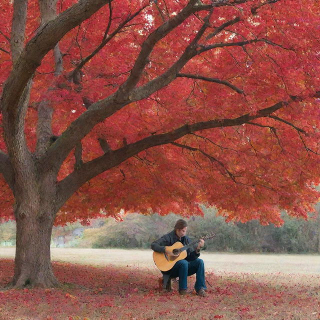 A man with a guitar sitting serenely beneath a vibrant red tree.