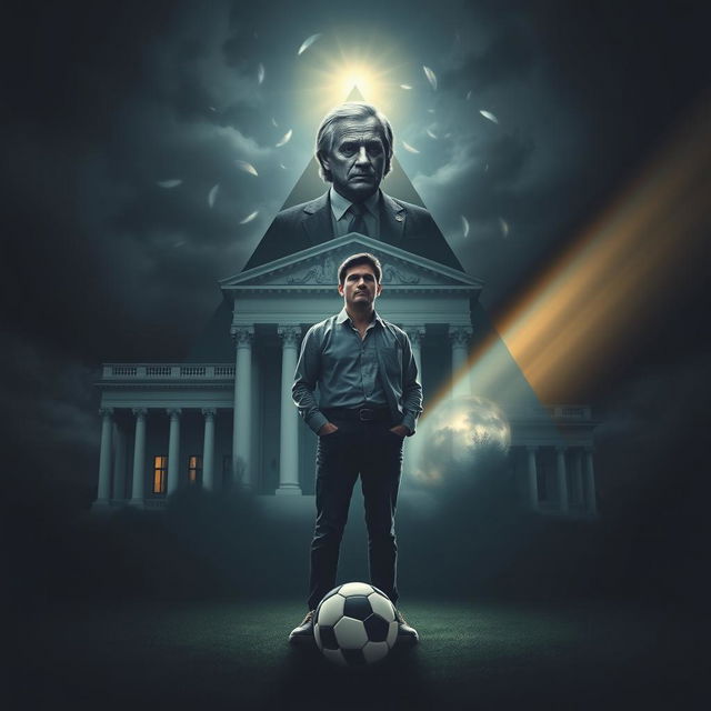 An impactful scene featuring a triangular composition that includes a grand courthouse, an authoritative father figure representing demands, and a soccer ball symbolizing dreams and aspirations