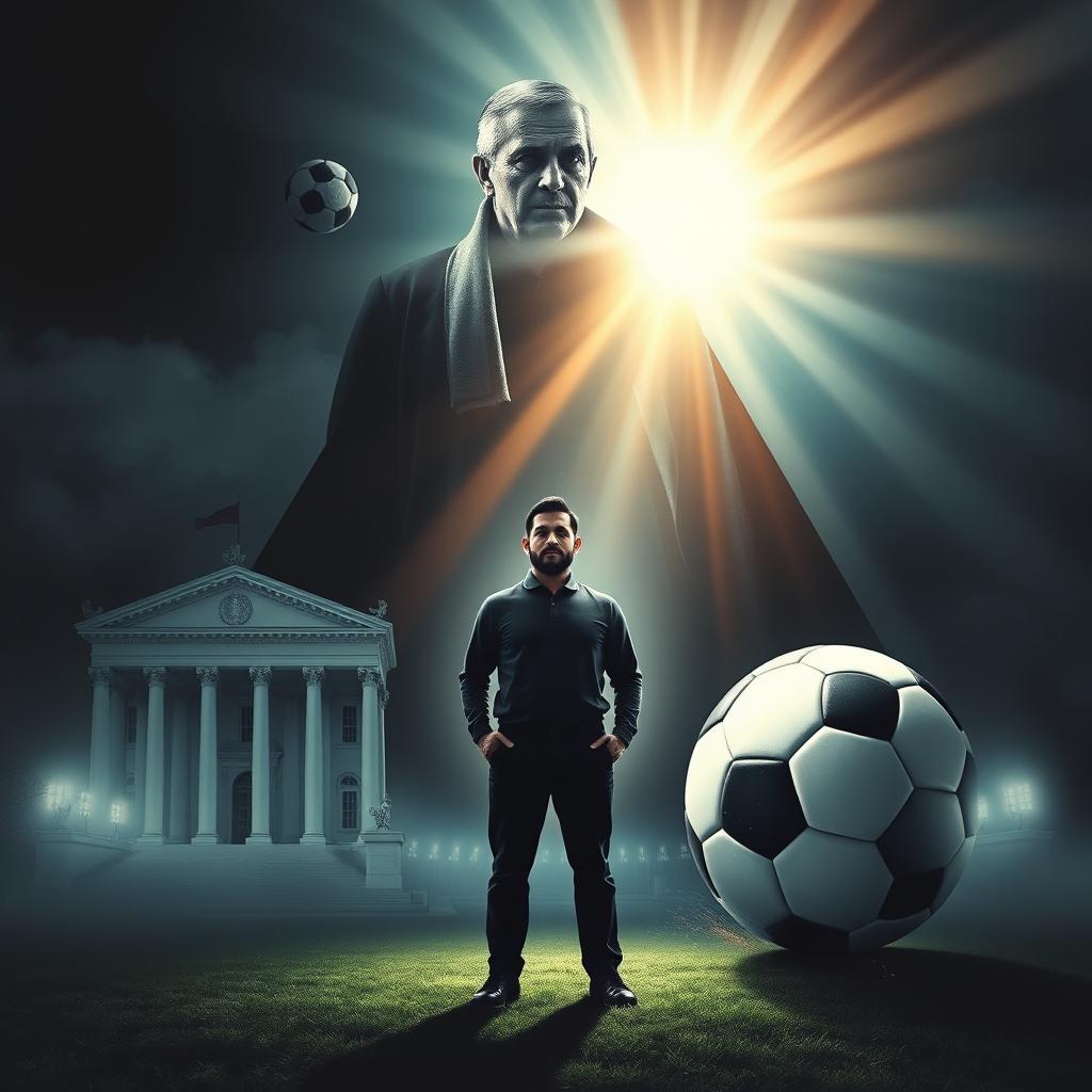 An impactful scene featuring a triangular composition that includes a grand courthouse, an authoritative father figure representing demands, and a soccer ball symbolizing dreams and aspirations