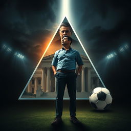 An impactful scene featuring a triangular composition that includes a grand courthouse, an authoritative father figure representing demands, and a soccer ball symbolizing dreams and aspirations