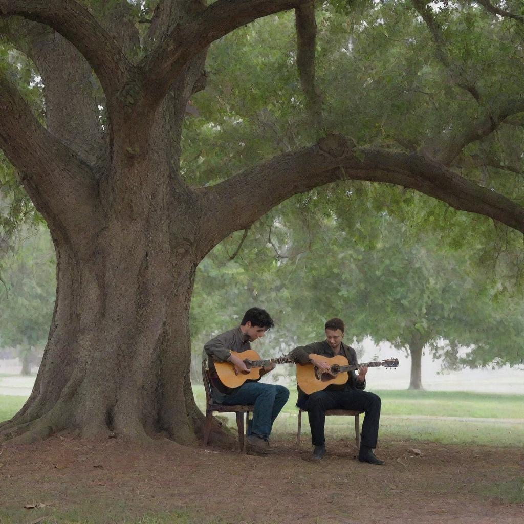 A melancholic scene of a man emotively playing a guitar under a large tree. He's seated on a chair, serenading an empty chair across him, symbolizing his absent love.