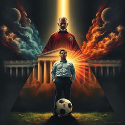 An impactful scene featuring a triangular composition that includes a grand courthouse, an authoritative father figure representing demands, and a soccer ball symbolizing dreams and aspirations