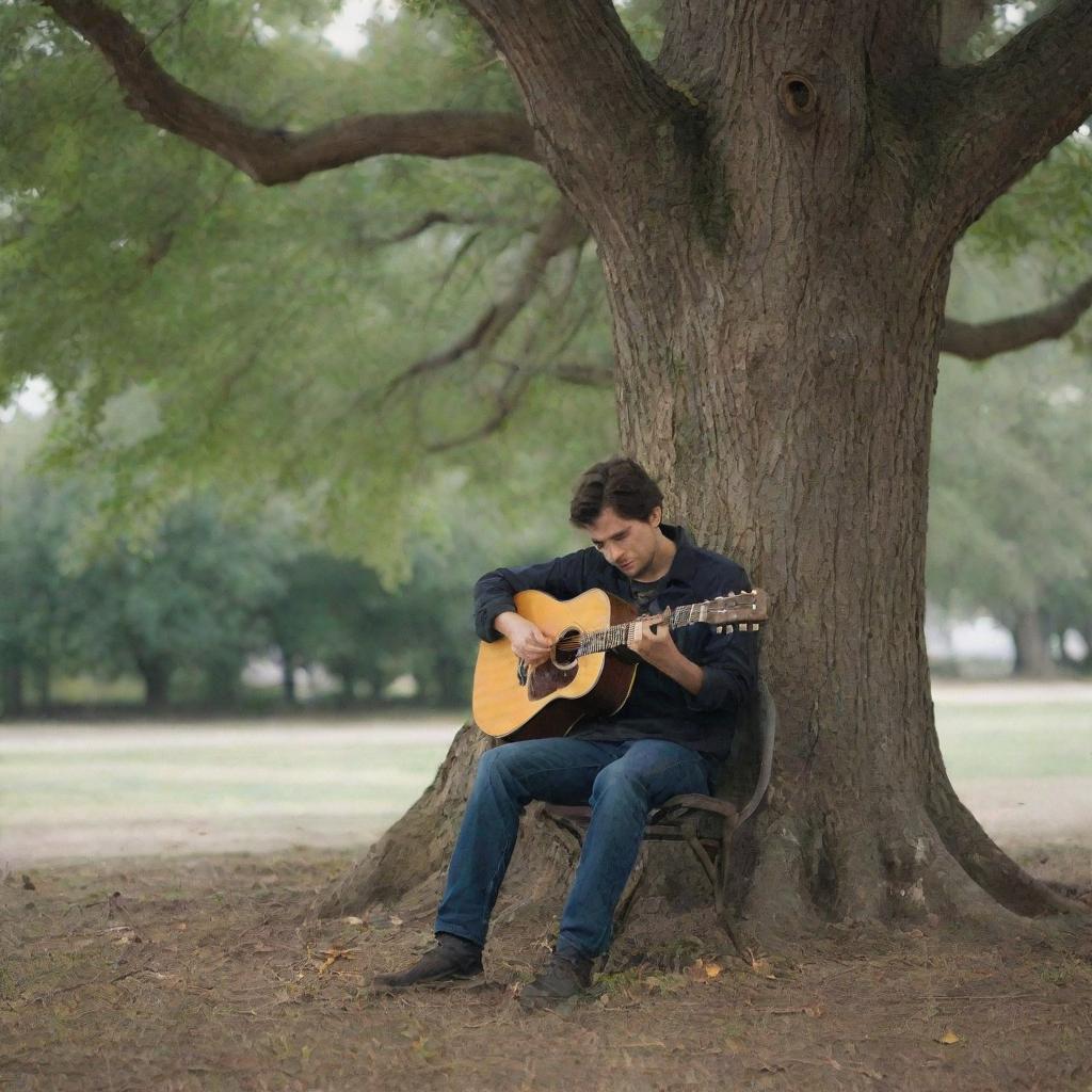 A melancholic scene of a man emotively playing a guitar under a large tree. He's seated on a chair, serenading an empty chair across him, symbolizing his absent love.