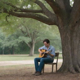 A melancholic scene of a man emotively playing a guitar under a large tree. He's seated on a chair, serenading an empty chair across him, symbolizing his absent love.