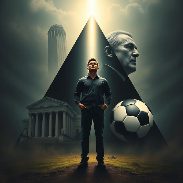 A powerful scene featuring a triangular composition that includes a majestic courthouse, an authoritative father figure symbolizing demands, and a soccer ball embodying aspirations and dreams