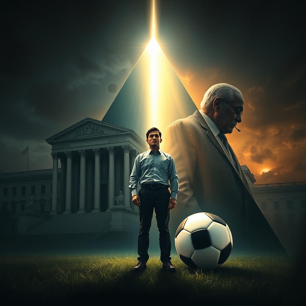 A powerful scene featuring a triangular composition that includes a majestic courthouse, an authoritative father figure symbolizing demands, and a soccer ball embodying aspirations and dreams