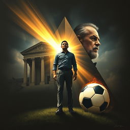 A powerful scene featuring a triangular composition that includes a majestic courthouse, an authoritative father figure symbolizing demands, and a soccer ball embodying aspirations and dreams