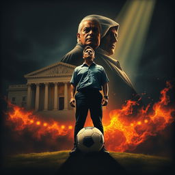 A powerful scene featuring a triangular composition that includes a majestic courthouse, an authoritative father figure symbolizing demands, and a soccer ball embodying aspirations and dreams