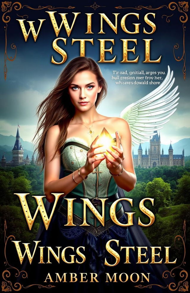 A captivating fantasy book cover for 'Wings and Steel' by Amber Moon