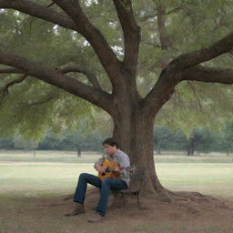 A melancholic scene of a man emotively playing a guitar under a large tree. He's seated on a chair, serenading an empty chair across him, symbolizing his absent love.