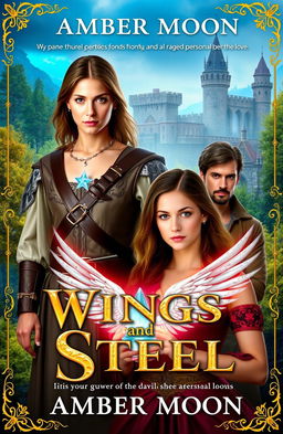 A captivating fantasy book cover for 'Wings and Steel' by Amber Moon