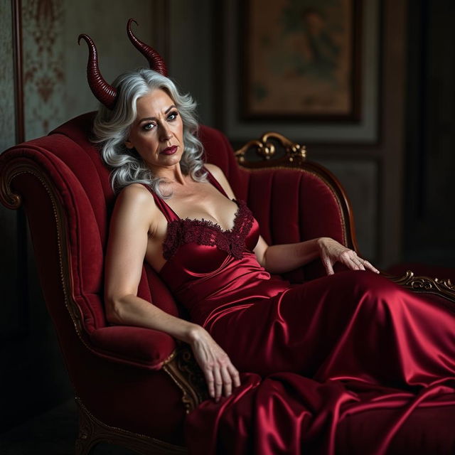An enchanting old woman in her 70s with silver hair styled in soft waves lounges gracefully on a luxurious chaise