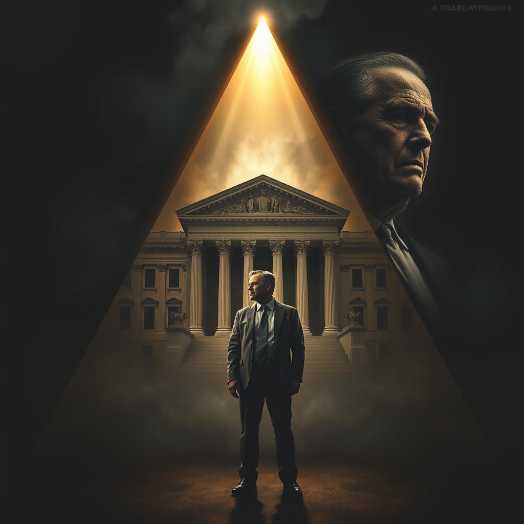 An emotionally charged scene showcasing a triangular composition that includes a majestic courthouse and an authoritative father figure representing expectations, creating an atmosphere of dilemma and heartbreak