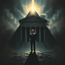 An emotionally charged scene showcasing a triangular composition that includes a majestic courthouse and an authoritative father figure representing expectations, creating an atmosphere of dilemma and heartbreak