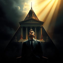 An emotionally charged scene showcasing a triangular composition that includes a majestic courthouse and an authoritative father figure representing expectations, creating an atmosphere of dilemma and heartbreak