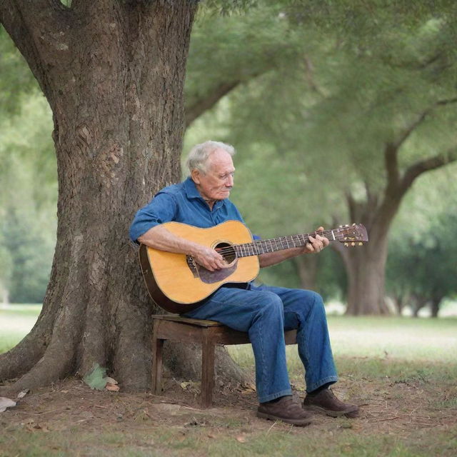 An elderly man with a guitar, sitting under a gigantic tree, singing soulfully into the silence. Beside him, an empty chair symbolizes a missing loved one