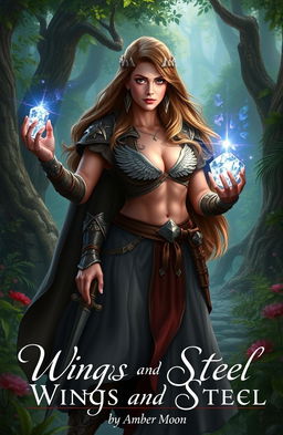 A captivating fantasy scene depicting a medieval girl named Athena standing boldly in a lush, enchanted forest