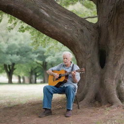 An elderly man with a guitar, sitting under a gigantic tree, singing soulfully into the silence. Beside him, an empty chair symbolizes a missing loved one