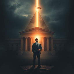 An evocative scene showcasing a triangular composition that includes a prominent courthouse, representing authority and structure, alongside the influence of a father's demands, creating a palpable atmosphere of dilemma and heartbreak
