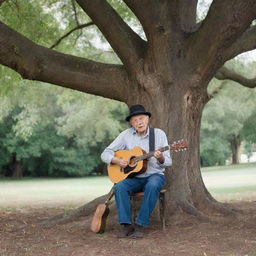 An elderly man with a guitar, sitting under a gigantic tree, singing soulfully into the silence. Beside him, an empty chair symbolizes a missing loved one