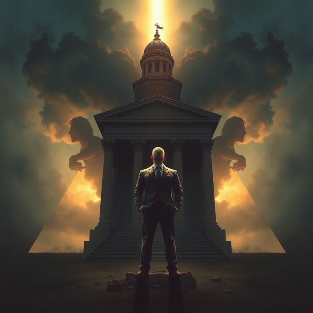 An evocative scene showcasing a triangular composition that includes a prominent courthouse representing authority, alongside the weight of a father's demands, creating a poignant atmosphere of dilemma and heartbreak