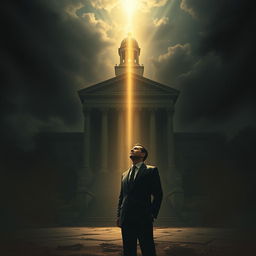 An evocative scene showcasing a triangular composition that includes a prominent courthouse representing authority, alongside the weight of a father's demands, creating a poignant atmosphere of dilemma and heartbreak