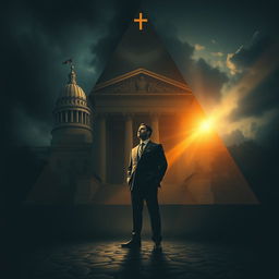 An evocative scene showcasing a triangular composition that includes a prominent courthouse representing authority, alongside the weight of a father's demands, creating a poignant atmosphere of dilemma and heartbreak
