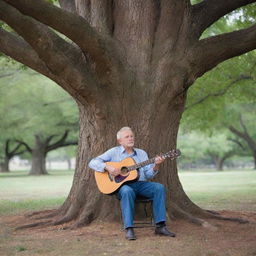 An elderly man with a guitar, sitting under a gigantic tree, singing soulfully into the silence. Beside him, an empty chair symbolizes a missing loved one