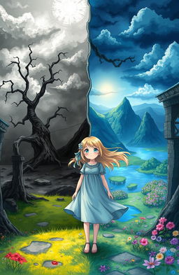 A girl in a fantasy setting discovers two distinct realms