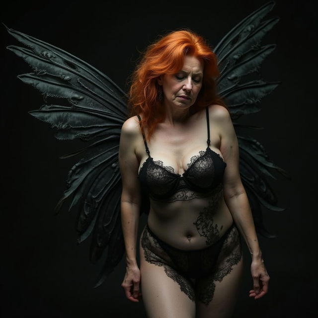 A slightly chubby, wrinkly woman in her 70s with pale skin and vibrant, fiery red hair stands gracefully, her tattered black wings spread delicately behind her