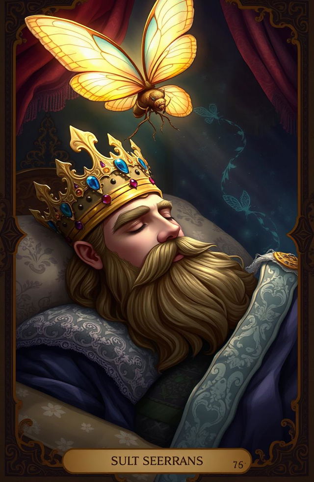 A fantasy book cover illustration featuring a regal king sleeping peacefully on an intricately decorated bed