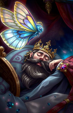 A fantasy book cover illustration featuring a regal king sleeping peacefully on an intricately decorated bed