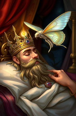 A fantasy book cover illustration featuring a regal king sleeping peacefully on an intricately decorated bed