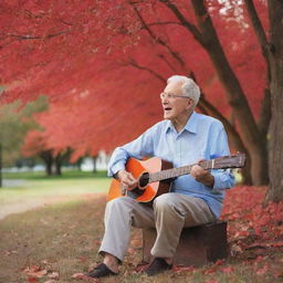 An elderly man with a guitar seated under a vibrant red tree, passionately singing to a cherished picture of his beloved.