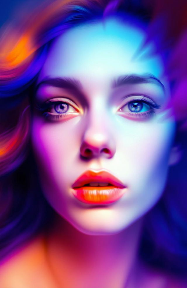 An abstract, otherworldly face that merges seamlessly with vibrant colors, creating a mesmerizing blur effect