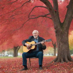 An elderly man with a guitar seated under a vibrant red tree, passionately singing to a cherished picture of his beloved.