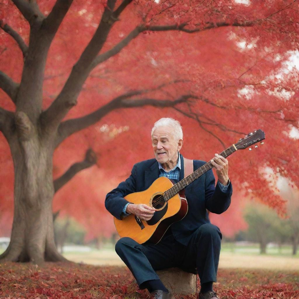 An elderly man with a guitar seated under a vibrant red tree, passionately singing to a cherished picture of his beloved.