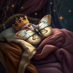 A fantasy book cover illustration depicting a regal king peacefully sleeping on a sumptuous bed draped in luxurious fabrics