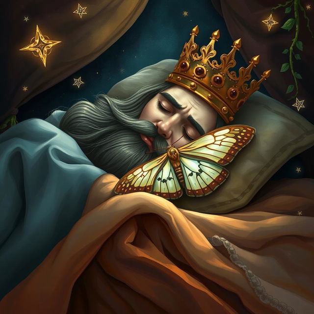 A fantasy book cover illustration depicting a regal king peacefully sleeping on a sumptuous bed draped in luxurious fabrics