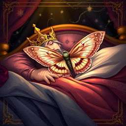 A fantasy book cover illustration depicting a regal king peacefully sleeping on a sumptuous bed draped in luxurious fabrics